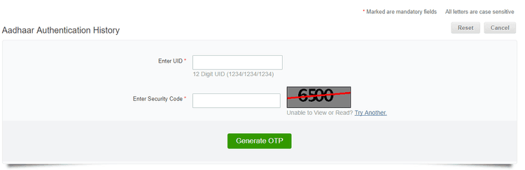 २. तुमचा ‘आधार कार्ड क्रमांक’ आणि ‘सिक्युरिटी कोड’ टाईप करून ‘Generate OTP’ वर क्लिक करा.