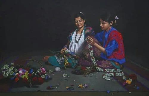 फुलं ओवणार्‍या मुली