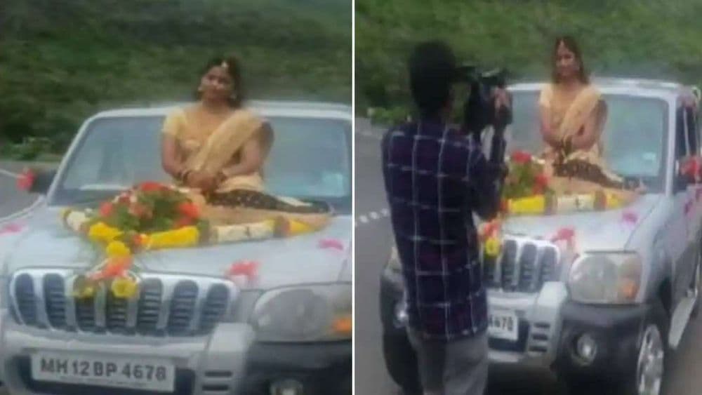 नवरी चक्क कारच्या बोनेट वर बसून निघाली.. या भन्नाट कल्पनेला पोलिसांनी ब्रेक कसा लावला?