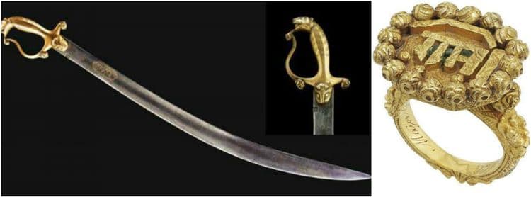 ३)	टिपू सुलतानची तलवार आणि ४) अंगठी 