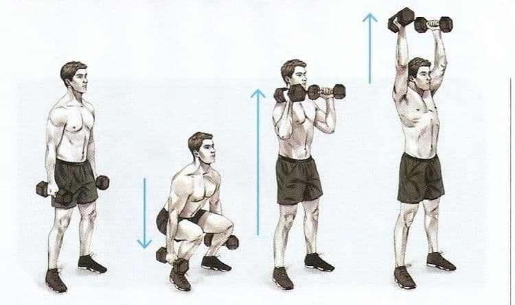 २. स्क्वॉट, कर्ल आणि पुश प्रेस